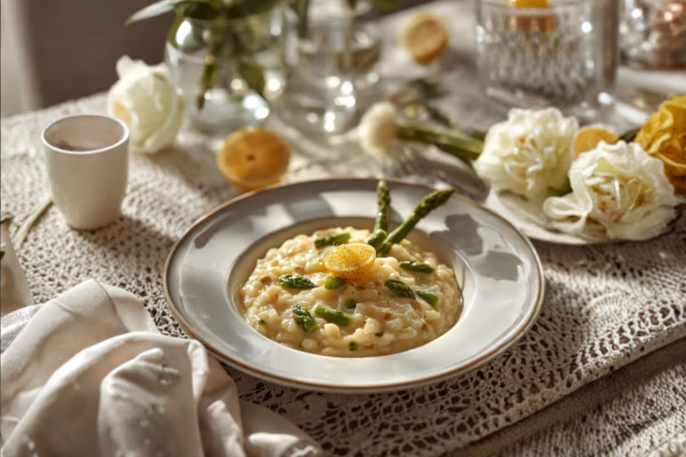 Un risotto crémeux aux asperges vertes et citron, lumineux et végétal, qui célèbre le renouveau du mois de mars.