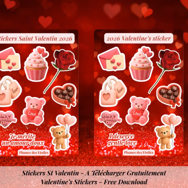 Découvre ma page de stickers Saint-Valentin pour février, parfaite pour journaux, planners et tablettes, pour célébrer l’amour et la connexion ce mois-ci.