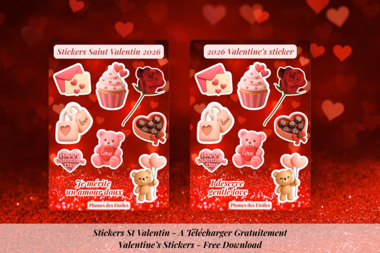 Découvre ma page de stickers Saint-Valentin pour février, parfaite pour journaux, planners et tablettes, pour célébrer l’amour et la connexion ce mois-ci.