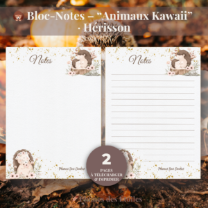 🦔 Bloc-Notes Digital – Animaux Kawaii · Hérisson | À Imprimer