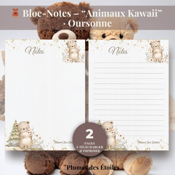 🧸 Bloc-Notes Digital – Animaux Kawaii · Oursonne | À Imprimer