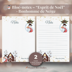 ☃️ Bloc-notes digital Noël • Bonhomme de Neige • Papeterie poétique à imprimer. Idéal pour pensées douces et introspectives. Télécharge-le dès maintenant.