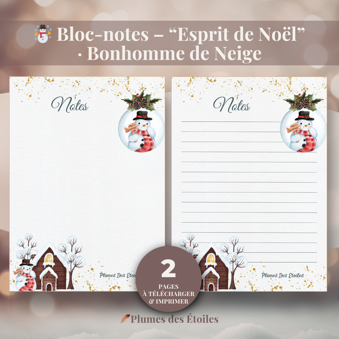 ☃️ Bloc-notes digital Noël • Bonhomme de Neige • Papeterie poétique à imprimer. Idéal pour pensées douces et introspectives. Télécharge-le dès maintenant.