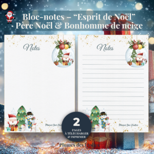 🎅 Bloc-notes digital Noël • Père Noël & Bonhomme de neige • Papeterie poétique à imprimer. Idéal pour listes cadeaux et organisation festive. Télécharge-le dès maintenant.