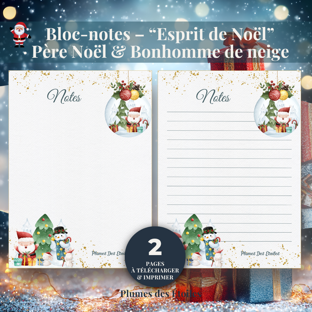 🎅 Bloc-notes digital Noël • Père Noël & Bonhomme de neige • Papeterie poétique à imprimer. Idéal pour listes cadeaux et organisation festive. Télécharge-le dès maintenant.