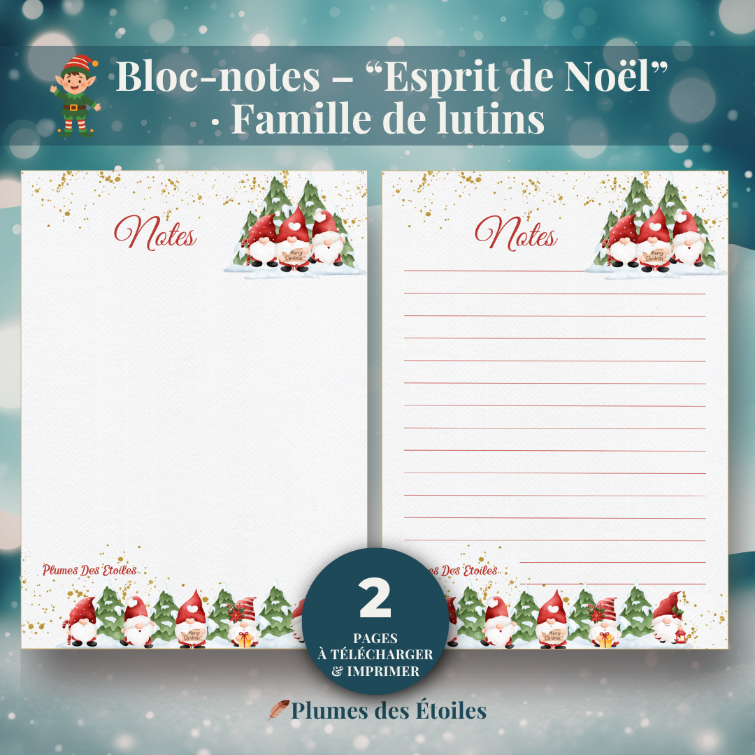 🧝♀️ Bloc-notes digital Noël • Famille de lutins • Papeterie poétique à imprimer. Idéal pour organiser Noël en famille, avec douceur et joie. Télécharge-le dès maintenant.
