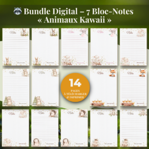 🦝 Bundle Digital Bloc-Notes – « Animaux Kawaii » | 7 Animaux Adorables à imprimer