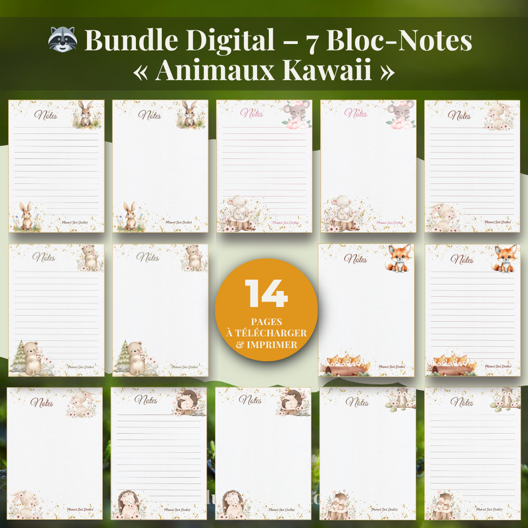 🦝 Bundle Digital Bloc-Notes – « Animaux Kawaii » | 7 Animaux Adorables à imprimer