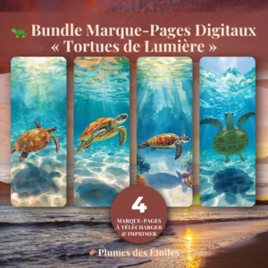 Découvrez le Bundle Marque-Pages « Tortues de Lumière » : 4 marque-pages poétiques et engagés (Sagesse, Nage, Lumière, Sentinelle), PDF imprimable. Idéal pour accompagner vos lectures conscientes.