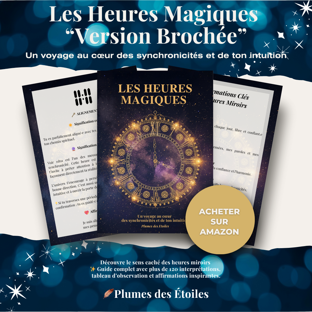 ✨ Découvre le sens caché des heures miroirs, doublées, inversées et triplées — ces instants où l’Univers te parle. Ce guide broché de 153 pages t’accompagne pas à pas pour décrypter les messages, cultiver ton intuition et transformer chaque synchronicité en clé de conscience. Idéal pour débutants et passionnés de spiritualité.