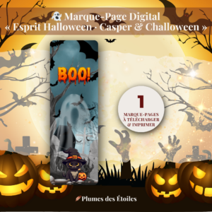 👻 Découvre le Marque-Page « Casper & Challoween » : illustration poétique et ludique d'Halloween, PDF imprimable. Idéal pour accompagner tes lectures d'octobre. Télécharge-le maintenant.