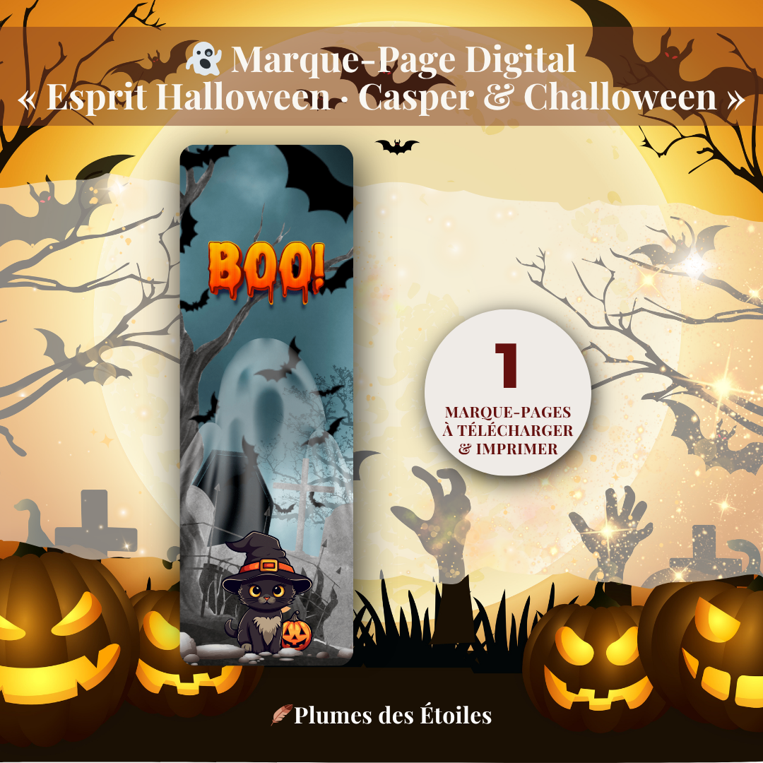 👻 Découvre le Marque-Page « Casper & Challoween » : illustration poétique et ludique d'Halloween, PDF imprimable. Idéal pour accompagner tes lectures d'octobre. Télécharge-le maintenant.