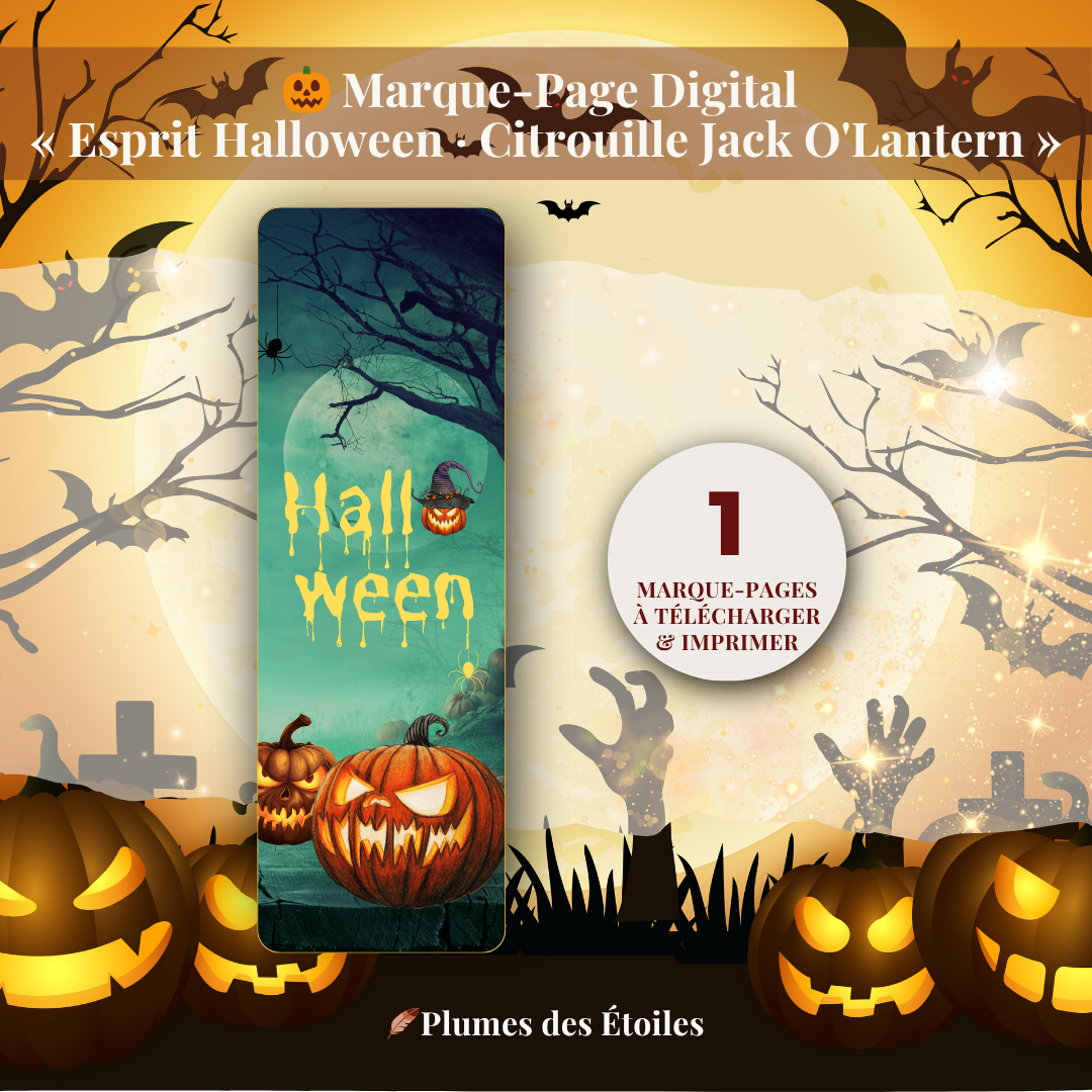 🎃 Découvre le Marque-Page « Citrouille Jack O'Lantern » : illustration poétique et festive d'Halloween, PDF imprimable. Idéal pour accompagner tes lectures d'octobre. Télécharge-le maintenant.