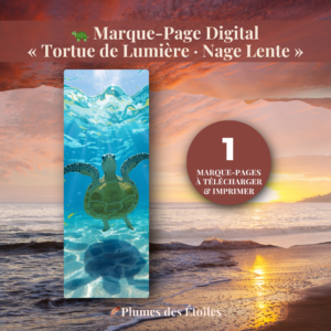 🐢 Découvre le Marque-Pages « Nage Lente » : illustration poétique et engagée des tortues marines, PDF imprimable. Idéal pour accompagner tes lectures conscientes. Télécharge-le maintenant.