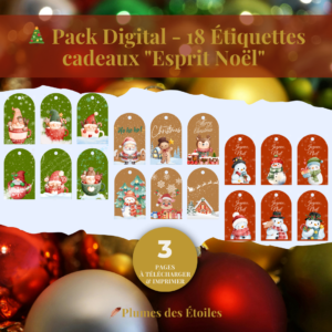 Découvrez le Bundle Étiquettes Cadeaux « Esprit de Noël » : 18 étiquettes (Lutins, Bonhomme de Neige, Univers Festif), PDF imprimable. Idéal pour embellir vos paquets.