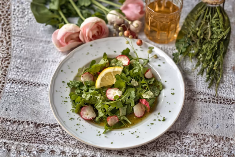 Recette fraîche et légère : salade de jeunes pousses et radis croquants, relevée d'une vinaigrette au citron et aux herbes. Parfaite pour un déjeuner sain ou un accompagnement estival.