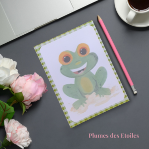 Bloc-notes A6 Grenouille aquarelle – 48 pages FSC détachables, dos cartonné. Format polyvalent et fantaisiste. Cadeau papeterie original et charmant.