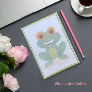 Bloc-notes A6 Grenouille aquarelle – 48 pages FSC détachables, dos cartonné. Format polyvalent et fantaisiste. Cadeau papeterie original et charmant.