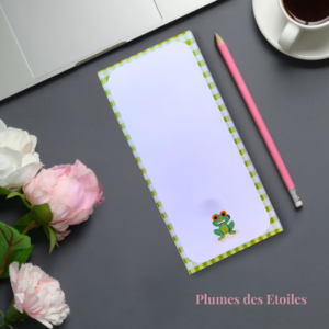Bloc-notes DL Grenouille aquarelle – 48 pages FSC détachables, dos cartonné. Format pratique et fantaisiste. Cadeau papeterie original et charmant.