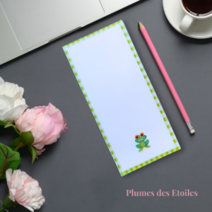 Bloc-notes DL Grenouille aquarelle – 48 pages FSC détachables, dos cartonné. Format pratique et fantaisiste. Cadeau papeterie original et charmant.
