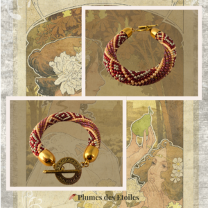 Bracelet Brodé Vintage artisanal crocheté main, perles Miyuki or & rouge, fermoir T vintage. Pièce unique, style intemporel. Déstockage limité.