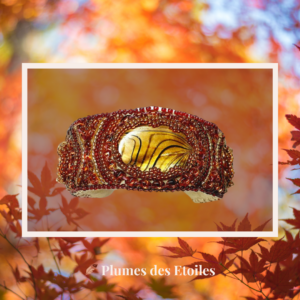 Bracelet tissé artisanal & fait main, nacres dorées, perles Miyuki & SuperDuo. Tons chauds automne. Pièce unique.