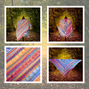 Châle crochet artisanal coloré, motif Lost in Time. Pièce unique, 225×100 cm, chaud et léger. Fait main, fil Magic Light.