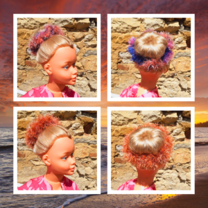 Chouchous crochet artisanaux, poilu et coloré. Pièce unique, doux et élastique. Fait main, respectueux des cheveux.