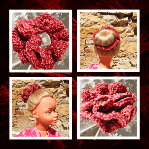 Chouchou Crochet Sanguine - Artisanal, coloré et bohème-chic. Pièce unique, doux et élastique. Fait main, respectueux des cheveux.