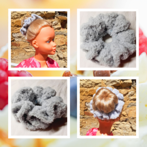 Chouchous artisanaux crochet Chantilly, 100% polyester doux. 4 couleurs : rose, blanc, bleu, gris vert. Pièce unique, léger.