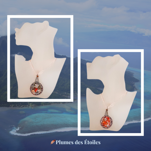 Collier artisanal Atiha double face, pièce unique en jaspe sédiment pyrite. Perles Miyuki, cœur Swarovski. Réversible. Déstockage limité.