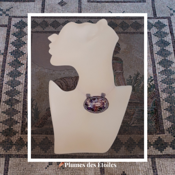 Collier artisanal Dionysos, pièce unique en jaspe sédiment violet veiné. Perles Miyuki, fermoir argenté. Joie & transformation. Déstockage limité.