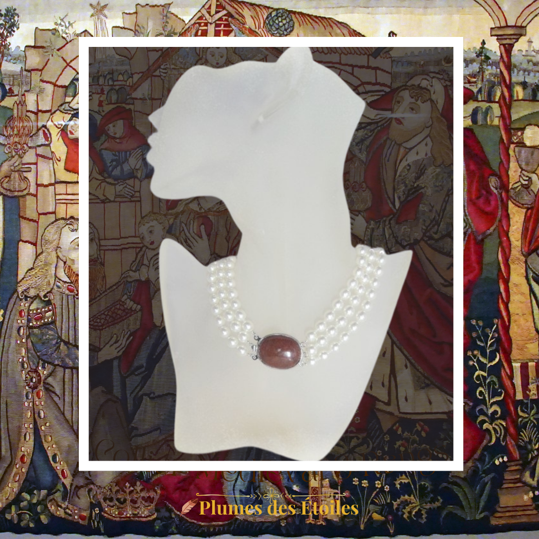 Collier multirangs médiéval artisanal, pièce unique. Perles nacrées Preciosa, jaspe Poppy. Polyvalent. Déstockage limité.