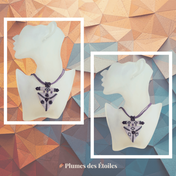 Collier artisanal triangle double face, pièces uniques en perles Miyuki & améthyste. Modulable et élégant. Déstockage limité.