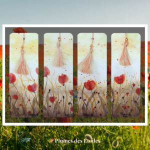 Ensemble de 4 marque-pages aquarelle artisanal – Coquelicots Éternels peints à la main, pompons faits main. Papier 300g FSC, plastifié. Cadeau élégant et poétique pour les amoureux de la nature.