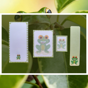 Lot papeterie Grenouille Vichy – 3 bloc-notes (Bébé, DL, A6) + marque-page aquarelle, FSC. Cadeau papeterie complet, fantaisiste et éco-responsable.