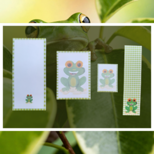 Lot papeterie Grenouille Vichy – 3 bloc-notes (Bébé, DL, A6) + marque-page aquarelle, FSC. Cadeau papeterie complet, fantaisiste et éco-responsable.