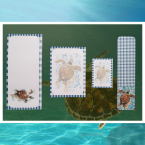 Lot papeterie Tortue Vichy – 3 bloc-notes (Bébé, DL, A6) + marque-page aquarelle FSC. Cadeau papeterie complet, poétique et éco-responsable.