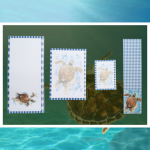 Lot papeterie Tortue Vichy – 3 bloc-notes (Bébé, DL, A6) + marque-page aquarelle FSC. Cadeau papeterie complet, poétique et éco-responsable.