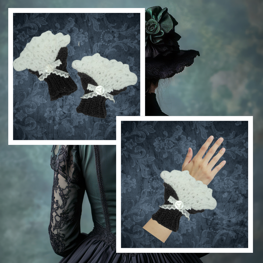 Manchettes victoriennes au crochet artisanales avec volants, gris chiné et blanc. Pièce unique, élégante et chaud. Fait main, nœud délicat.