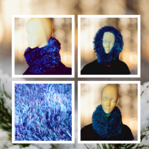 Snood fausse fourrure artisanal, bleu et turquoise. Pièce unique, chaud et élégant. 100% éthique, sans matière animale.