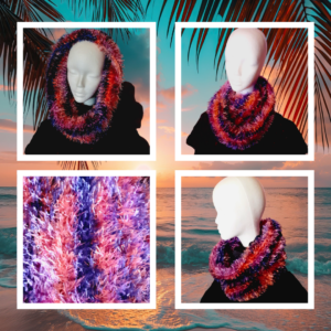 Snood artisanal en fausse fourrure Sunset, violet rose bleu orange. Pièce unique, chaud et vibrant. 100% éthique, sans matière animale.