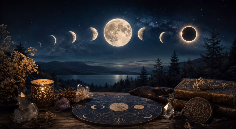 Pleines lunes, superlunes, lunes bleues, éclipses solaires et lunaires — découvrez leur symbolique profonde et des rituels doux pour chaque événement céleste.