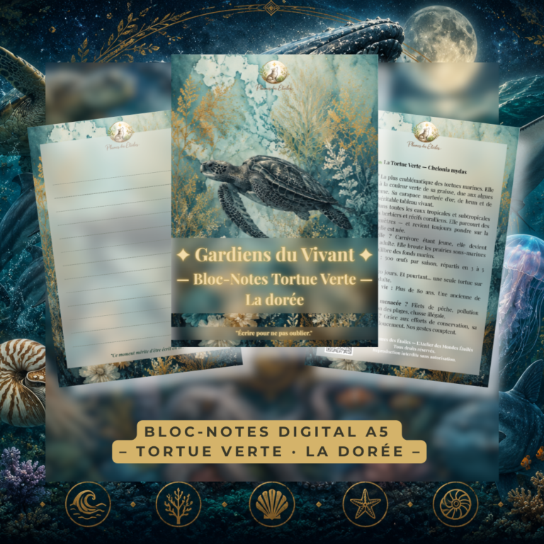 Bloc-notes digital PDF A5 tortue verte 52 pages lignées, aquarelle luxueuse teal et or. Micro-citations précieuses. Téléchargement immédiat. Collection Gardiens du Vivant — Plumes des Étoiles.