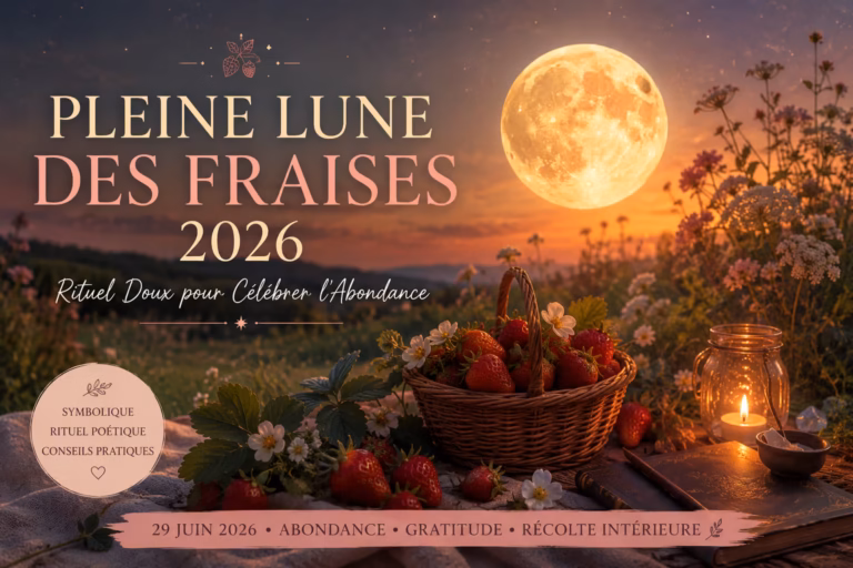 Découvre la symbolique de la Pleine Lune des Fraises 2026 : comment l'accueillir avec intention, célébrer l'abondance, et te reconnecter à la douceur de l'été. Rituel poétique + conseils pratiques.