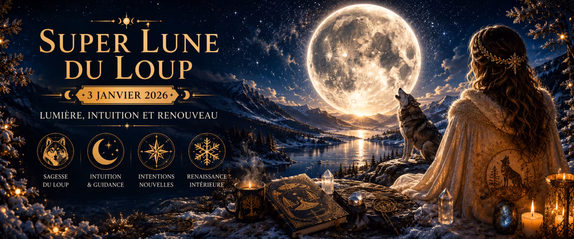 Découvre la Super Lune du Loup 2026 : symbolique du loup, énergie d'intuition et de renouveau pour commencer l'année avec clarté. Rituels doux et intentions pour honorer cette première pleine lune de 2026.
