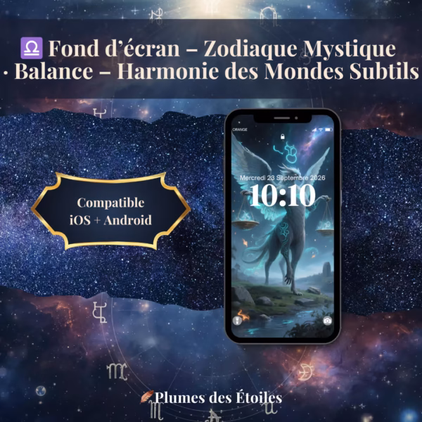 Télécharge mon fond d'écran balance mystique pour smartphone. Une illustration digitale haute résolution pour cultiver ton équilibre et ta paix intérieure.