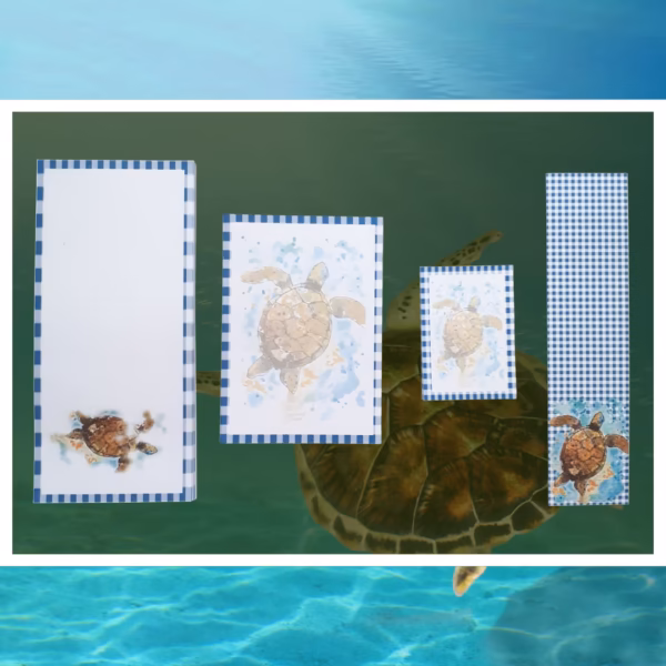 Lot papeterie Tortue Vichy – 3 bloc-notes (Bébé, DL, A6) + marque-page aquarelle FSC. Cadeau papeterie complet, poétique et éco-responsable.
