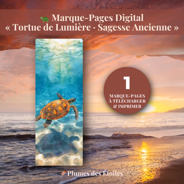 🐢 Découvre le Marque-Pages « Sagesse ancienne » : illustration poétique et engagée des tortues marines, PDF imprimable. Idéal pour accompagner tes lectures conscientes. Télécharge-le maintenant.