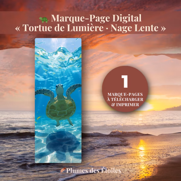 🐢 Découvre le Marque-Pages « Nage Lente » : illustration poétique et engagée des tortues marines, PDF imprimable. Idéal pour accompagner tes lectures conscientes. Télécharge-le maintenant.